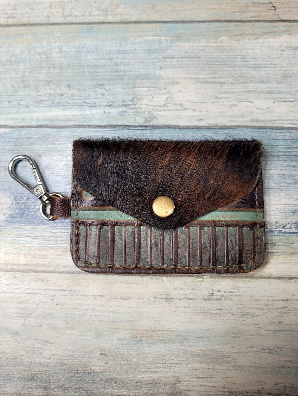 Brown Hair-On Leather Card Wallet with Key Clip